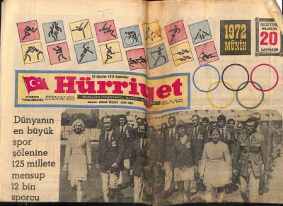 Hürriyet Gazetesi 26 Ağustos 1972 - Münih Harikalar Olimpiyatları Bugün Açılıyor GZ54649 - 1