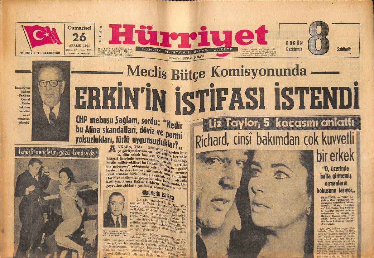 Hürriyet Gazetesi 26 Aralık 1964 - Erkin'in İstifası İstendi - Liz Taylor , 5 Kocasını Anlattı GZ147043 - 1