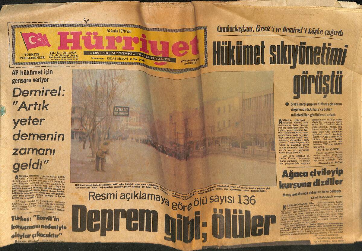 Hürriyet Gazetesi 26 Aralık 1978 - Hükümet Sıkıyönetimi Görüştü - Demirel : Artık Yeter Demenin Vakti Geldi GZ133541 - 1