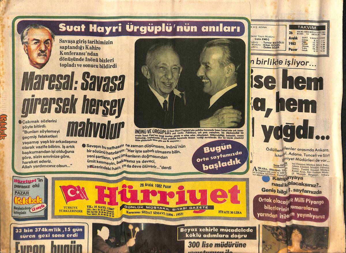 Hürriyet Gazetesi 26 Aralık 1982 - Diyarbakır'da 110 Militan Yakalandı - Mareşal : Savaşa Girersek Herşey Mahvolur GZ134169 - 1
