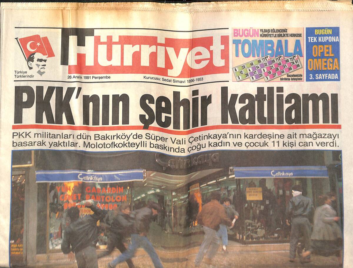 Hürriyet Gazetesi 26 Aralık 1991 - PKK'nın Şehir Katliamı - Yalman ' Hedef Avrupa Ve Lig ' GZ142457 - 1