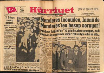 Hürriyet Gazetesi 26 Ekim 1958 - Menderes İnönüden, İnönü Menderesten Hesap Soruyor GZ56187 - 1