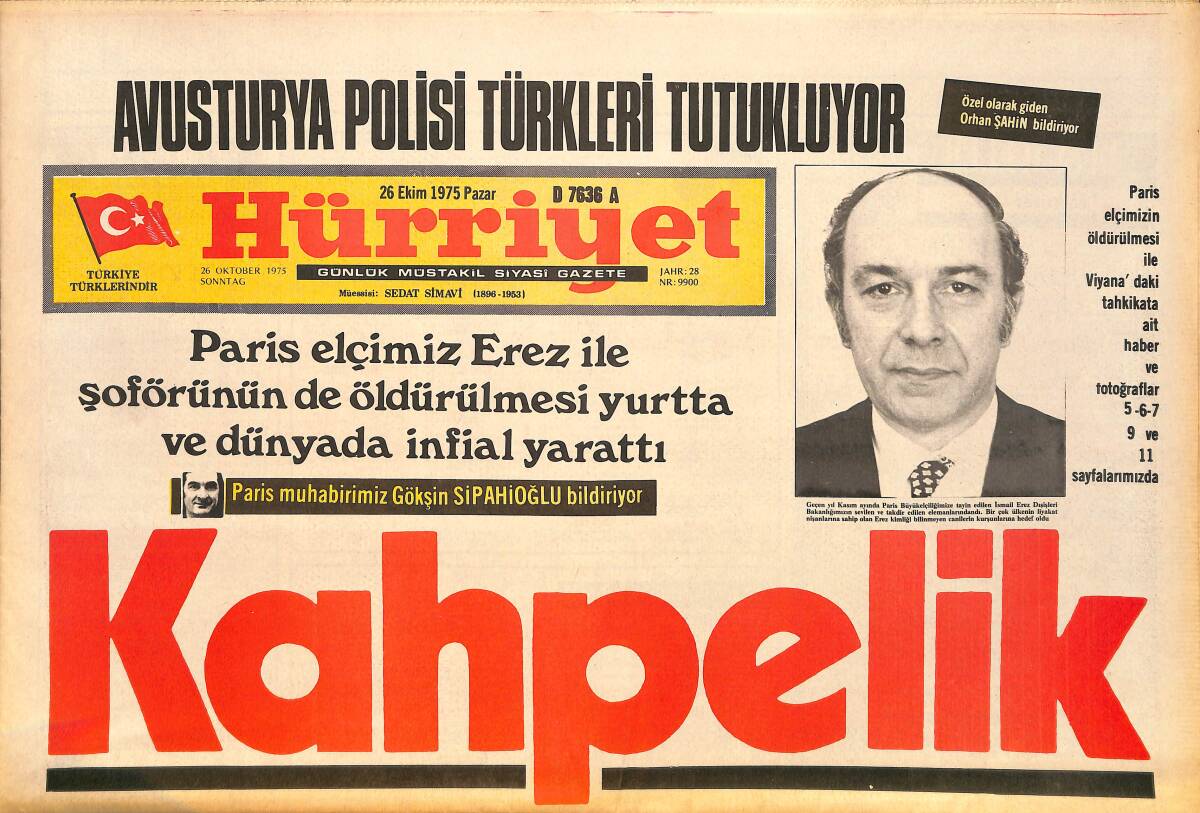 Hürriyet Gazetesi 26 Ekim 1975 - Paris Elçimiz Erez İle Şoförünün de Öldürülmesi Yurtta Ve Dünyada İnfial Yarattı GZ157616 - 1