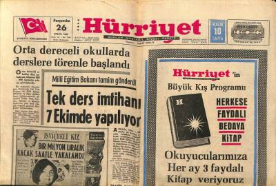 Hürriyet Gazetesi 26 Eylül 1968 - Bir Askeri Uçağımız Akdenize Düştü GZ68960 - 1