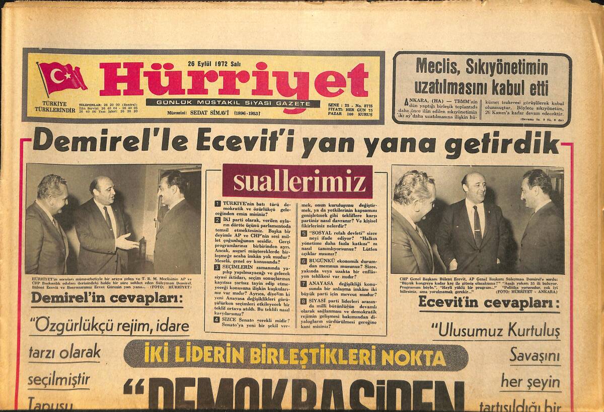 Hürriyet Gazetesi 26 Eylül 1972 - Demirel'le Ecevit'i Yan Yana Getirdik - Ankara'nın 14. Anahtarı Zahir Şah'a Verilecek GZ157749 - 1