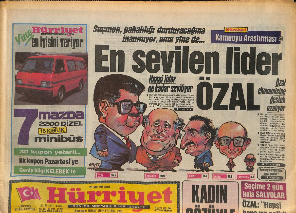 Hürriyet Gazetesi 26 Eylül 1986 - ANAP İl Başkanı , Vali Tokatladı - En Sevilen Lider Özal GZ132987 - 1