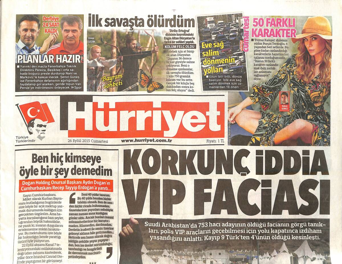 Hürriyet Gazetesi 26 Eylül 2015 - Suudi Arabistan Yönetimi Canlı Yayınları Yasakladı GZ159538 - 1