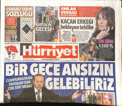 Hürriyet Gazetesi 26 Eylül 2017 - Cumhurbaşkanı Erdoğandan Çok Sert Mesaj Bir Gece Ansızın Gelebiliriz - Kartalın Gecesi GZ124286 - 1