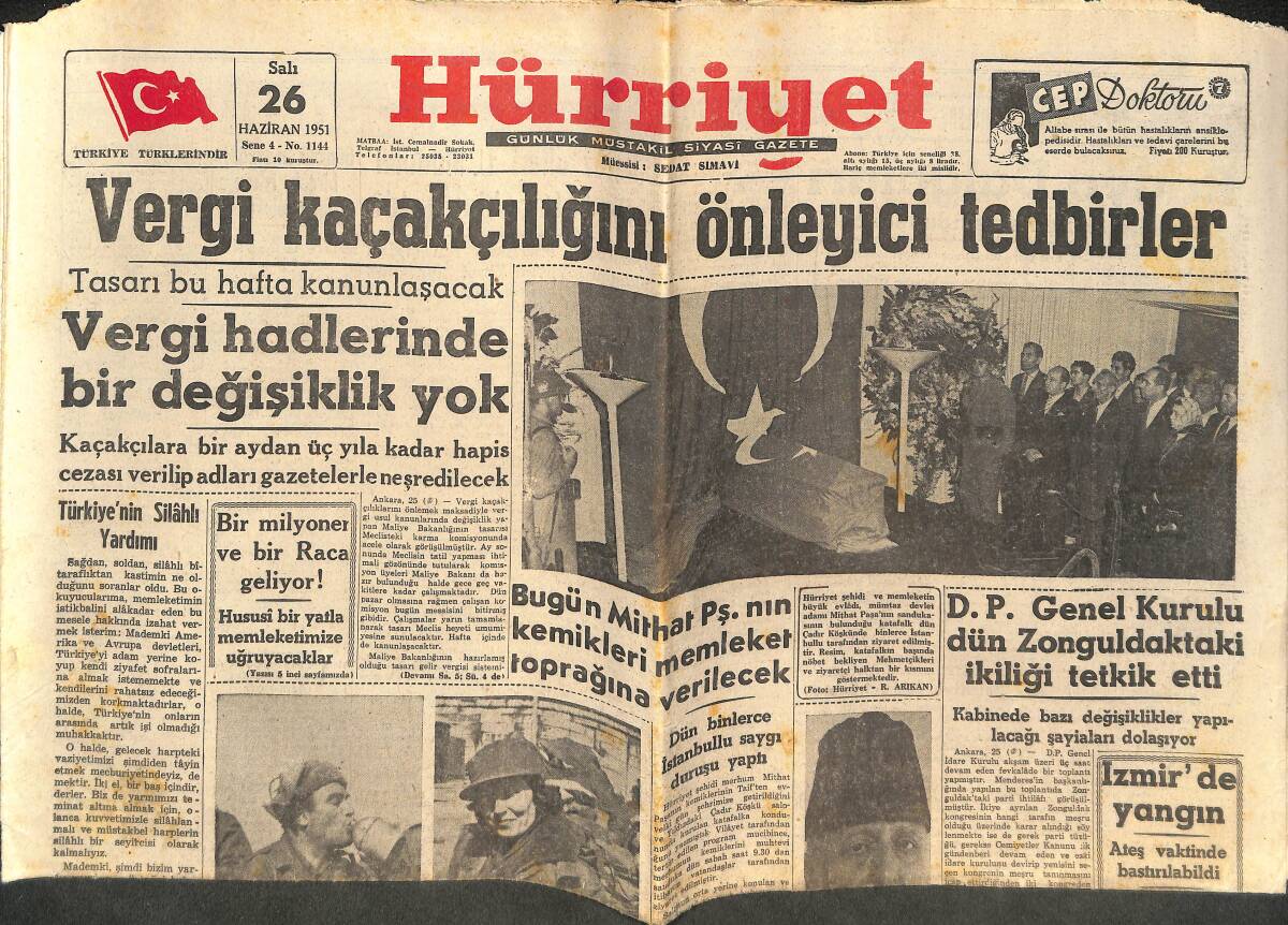 Hürriyet Gazetesi 26 Haziran 1951 - Vergi Kaçakçılığını Önleyici Tedbirler - İran Hiçbir Zaman Komünist Olamaz! GZ142572 - 1