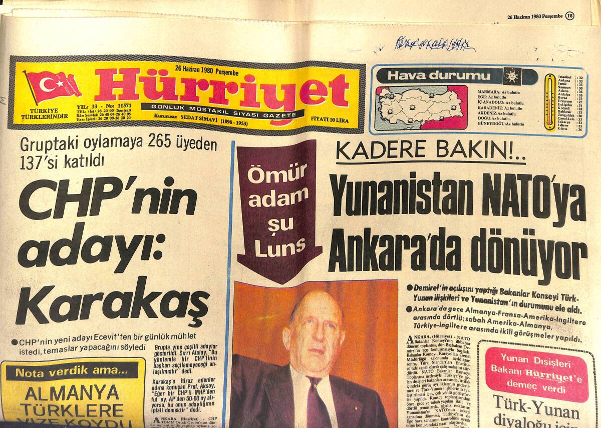 Hürriyet Gazetesi 26 Haziran 1980 - Güzel Komiser Vildan NATO'nun Meleği Oldu - CHP'nin Adayı : Karakaş GZ147039 - 1