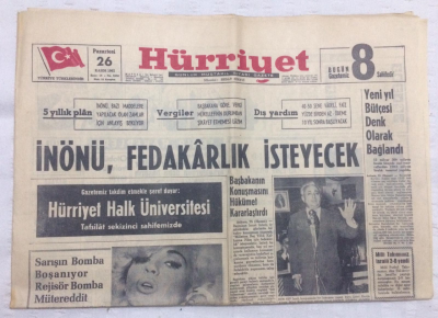 Hürriyet Gazetesi 26 Kasım 1962 - İnönü Fedakarlık İsteyecek,Yeni Yıl Bütçesi Bağlandı - GZ17890 - 1