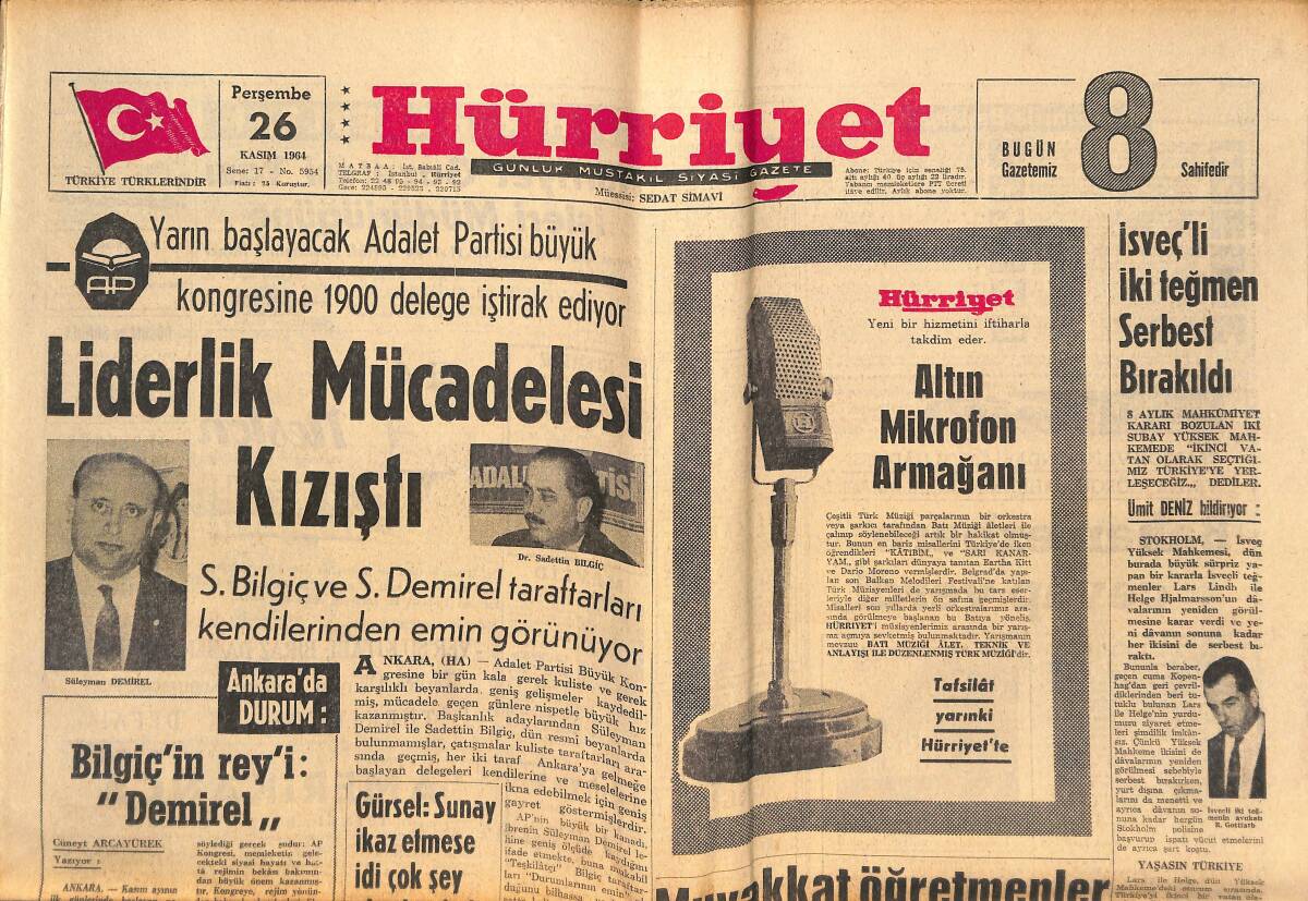 Hürriyet Gazetesi 26 Kasım 1964 - Liderlik Mücadelesi Kızıştı - Kraliçe Elizabeth'e Çiçek Verme Görevini Bir Türk Kızı Yaptı GZ146986 - 1