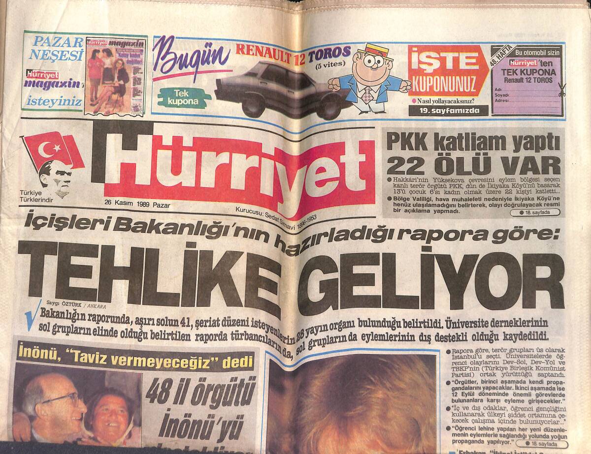 Hürriyet Gazetesi 26 Kasım 1989 - Thatcher, Diana'nın Önünde Böyle Eğildi - Filiz Akın'ın Hasret Sohbeti - Tanju, Siftahı Yaptı GZ153396 - 1