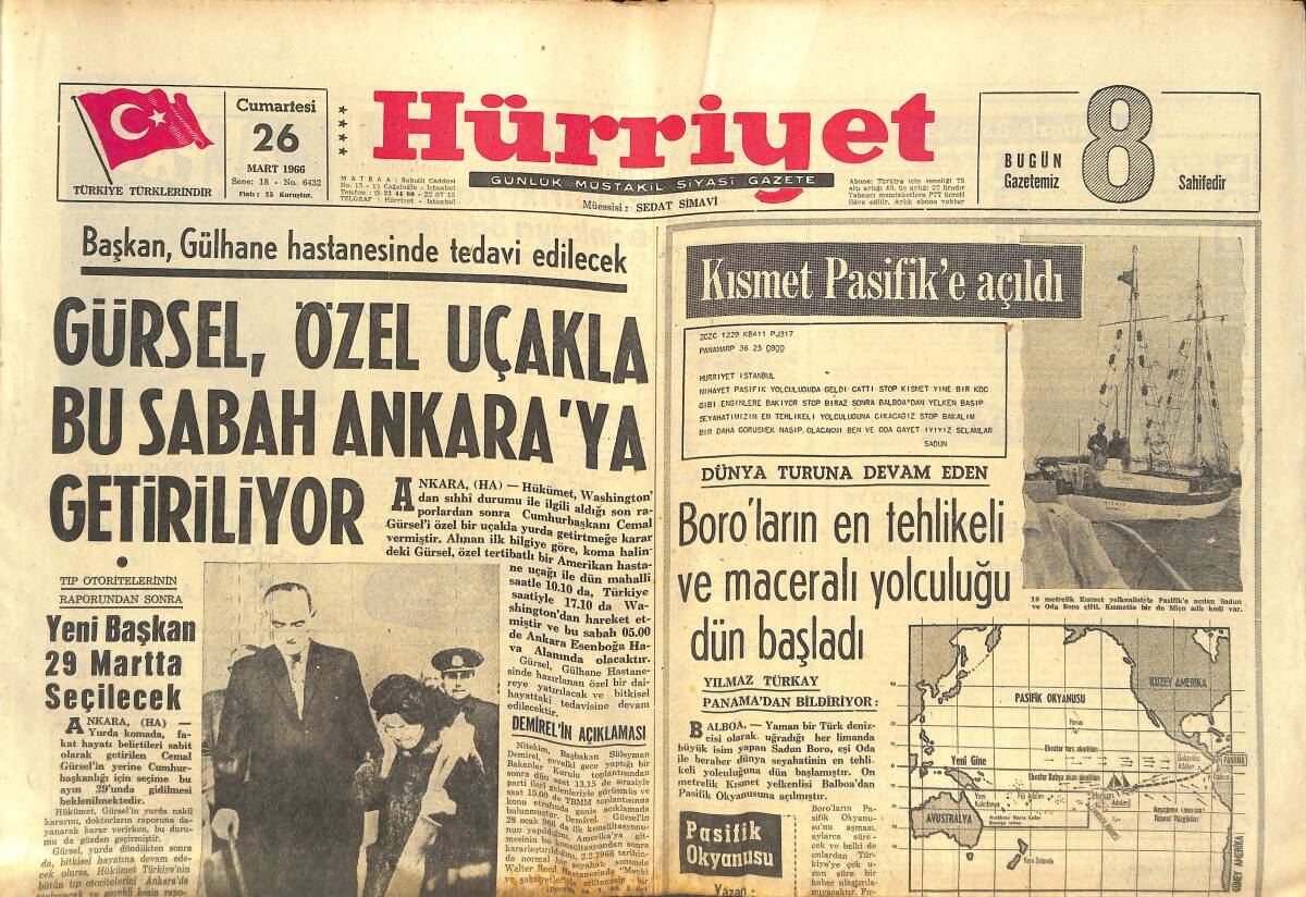 Hürriyet Gazetesi 26 Mart 1966 - Maksim Gazinosu Behiye Aksoy Afişi - Gürsel , Özel Uçakla Bu Sabah Ankara'ya Getiriliyor GZ142371 - 1