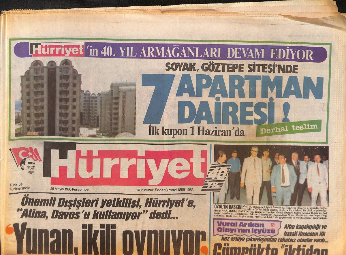 Hürriyet Gazetesi 26 Mayıs 1988 - Yunanlar, İkili Oynuyor - Yunanlı Bakan : Ankara, Atina'dan Daha Güvenli - Feyyaz Uçar Yuvada Kaldı GZ133891 - 1