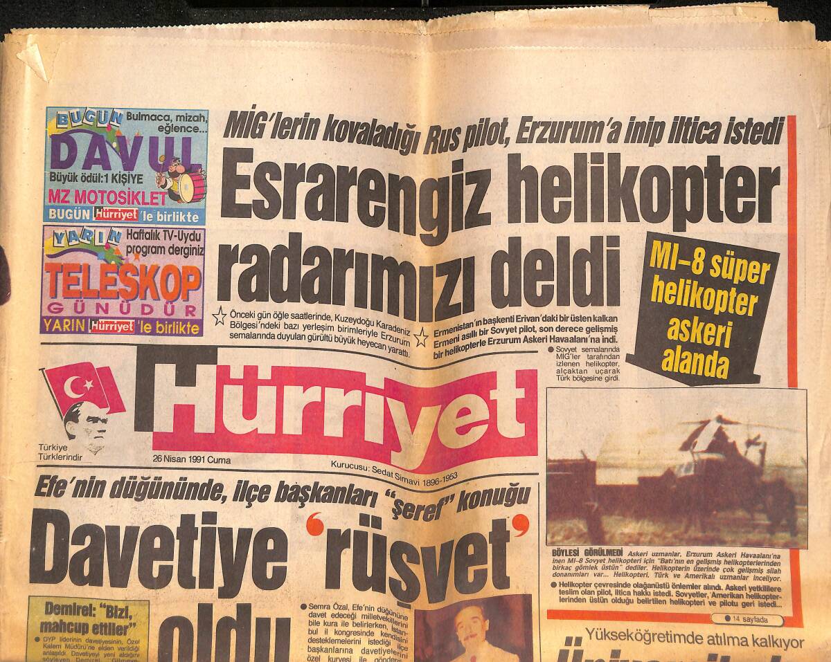 Hürriyet Gazetesi 26 Nisan 1991 - Esrarengiz Helikopter Radarımızı Deldi - Tüm Kürtlere Özerklik GZ133064 - 1