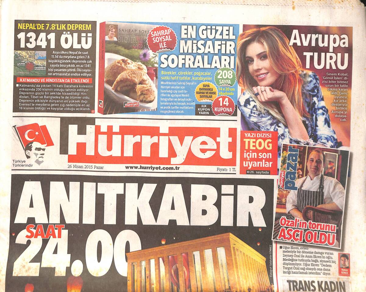Hürriyet Gazetesi 26 Nisan 2015 - THY Uçağı Büyük Tehlike Atlattı - İngiltere'de İstiklâl Marşı GZ160205 - 1