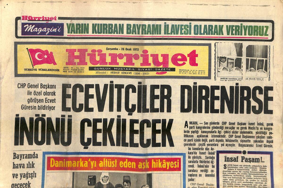 Hürriyet Gazetesi 26 Ocak 1972 - Ecevitçiler Direnirse İnönü Çekilecek - Mekke'de 5 Bin Kaçak Türk Hacı Adayı Var GZ156970 - 1