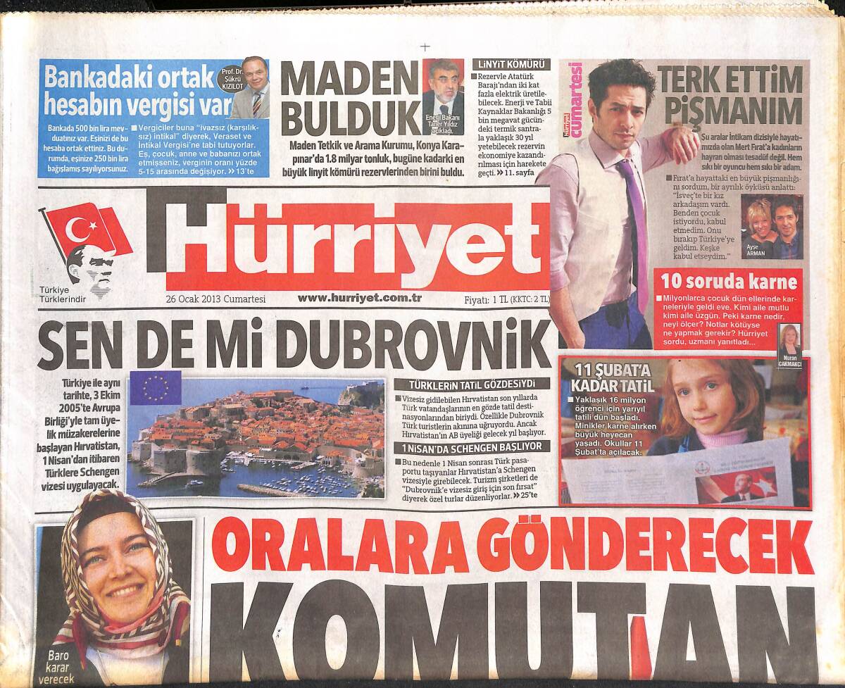 Hürriyet Gazetesi 26 Ocak 2013 - Mert Fırat: Terk Ettim Pişmanım! - Başbakan Erdoğan: Oralara Gönderecek Komutan Kalmadı! GZ136831 - 1