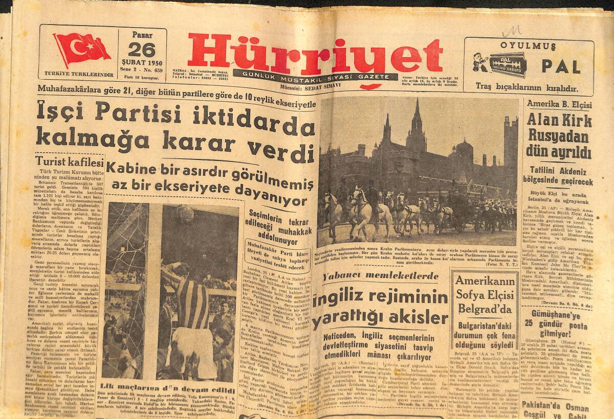 Hürriyet Gazetesi 26 Şubat 1950 - İşçi Partisi İktidarda Kalmaya Karar Verdi - Alan Kirk Rusya'dan Dün Ayrıldı GZ142564 - 1
