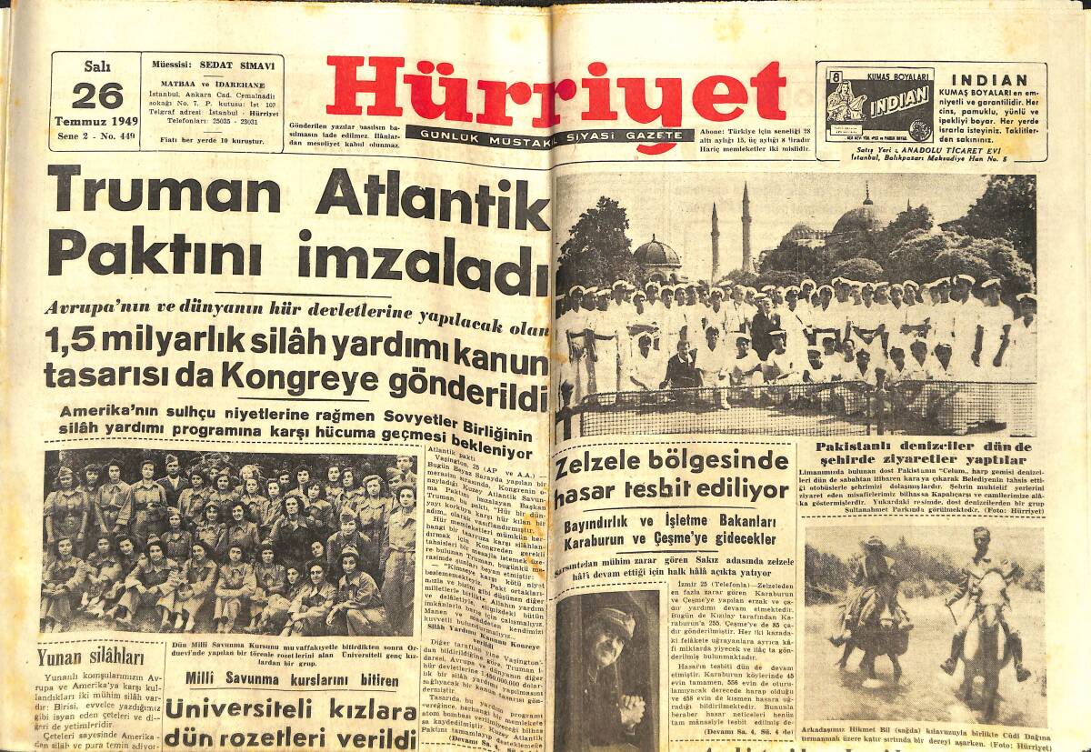 Hürriyet Gazetesi 26 Temmuz 1949 - Truman Atlantik Paktını İmzaladı - Ege Bölgesinde Bu Yıl Mahsul İyi GZ142388 - 1
