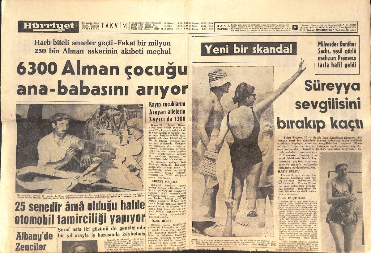 Hürriyet Gazetesi 26 Temmuz 1962 - Süreyya Sevgilisini Bırakıp Kaçtı - Metin Oktay İmzayı Attı! - Pele Paris'te GZ146732 - 1