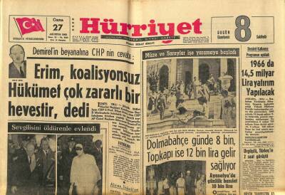 Hürriyet Gazetesi 27 Ağustos 1965 - Dolmabahçe Günde 8 Bin , Topkapı İse 12 Bin Lira Gelir Sağlıyor GZ77677 - 1