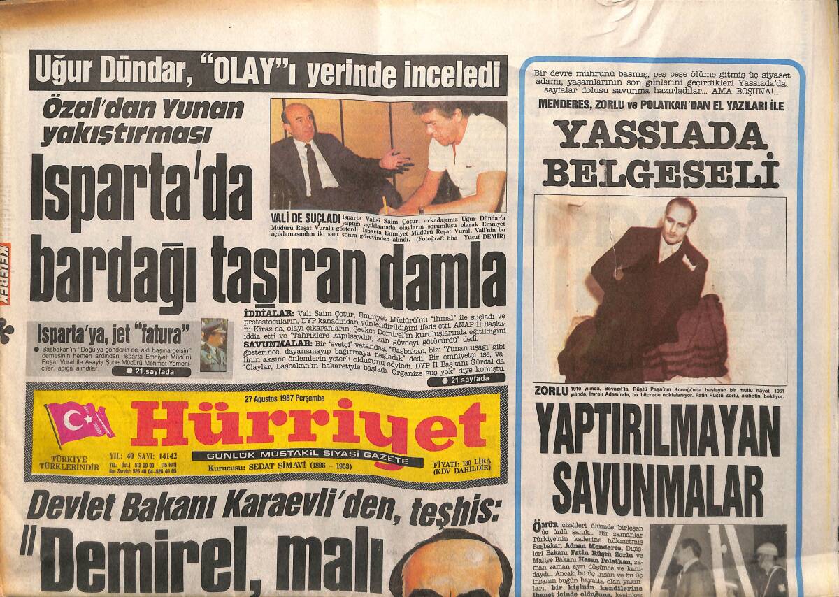 Hürriyet Gazetesi 27 Ağustos 1987 - Cem Karaca'dan Polise Özür - Özal'dan Yunan Yakıştırması GZ150467 - 1