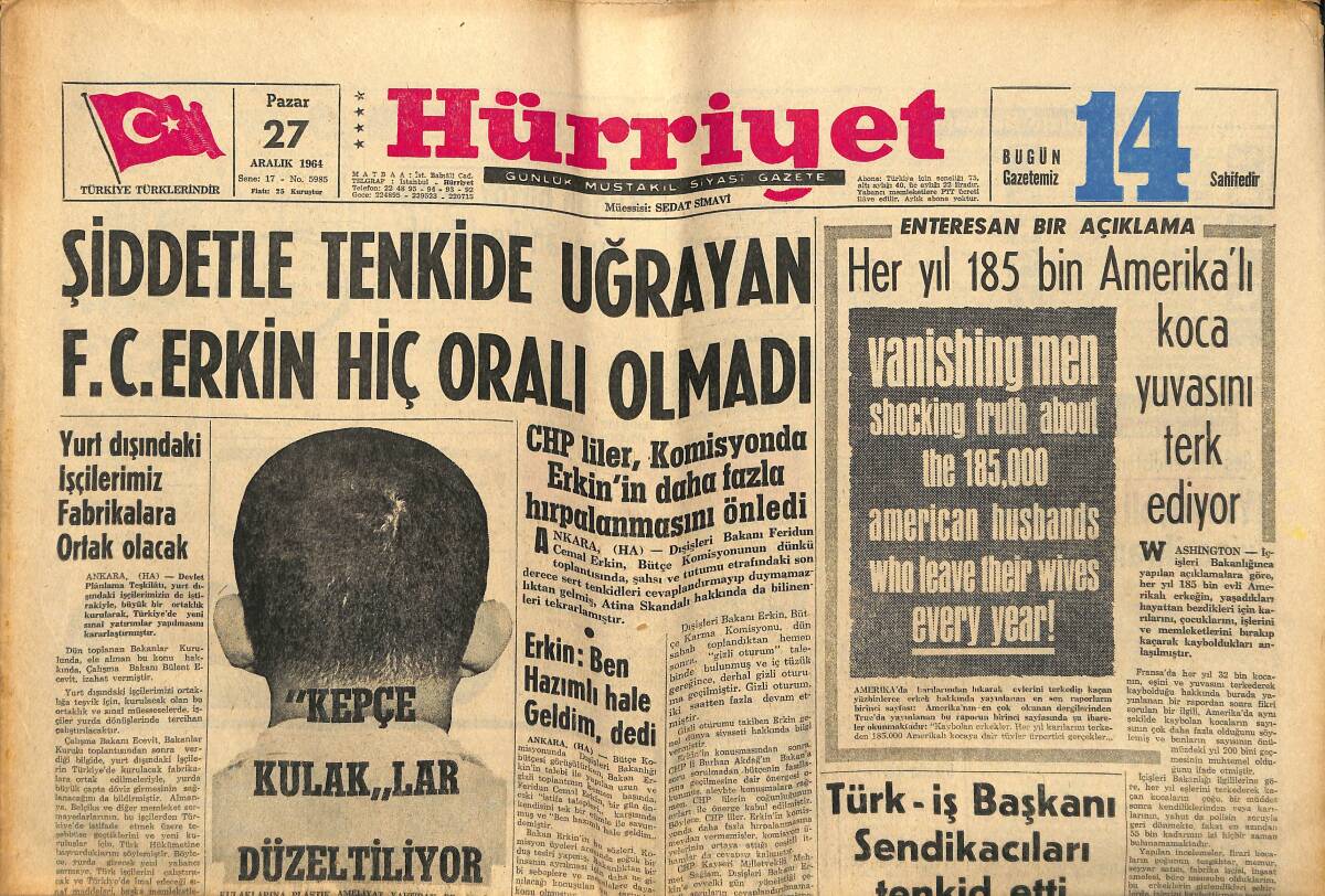 Hürriyet Gazetesi 27 Aralık 1964 - CHP'liler Komisyonda Erkin'in Daha Fazla Hırpalanmasını Önledi GZ146949 - 1