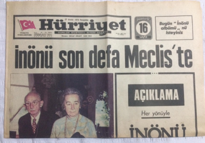 Hürriyet Gazetesi 27 Aralık 1973 - İnönü Son Defa Mecliste - GZ19871 - 1