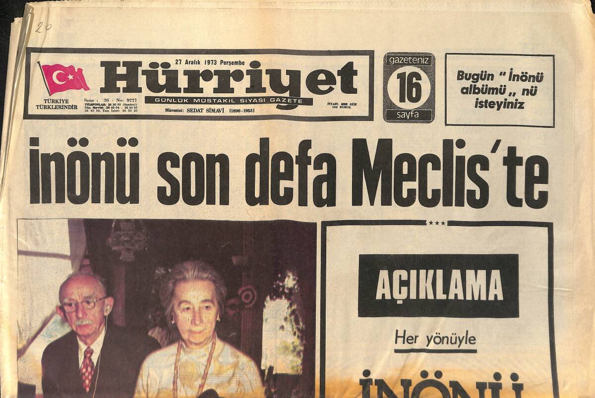 Hürriyet Gazetesi 27 Aralık 1973 - İsmet İnönü, Son Defa Meclis'te - İsmet İnönü, Atatürk İle karşı Karşıya Yatacak GZ153546 - 1
