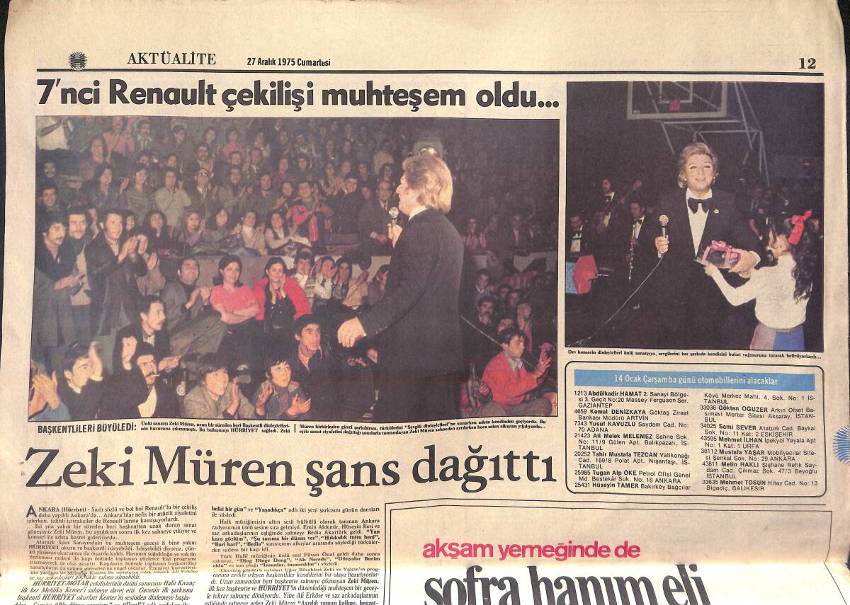 Hürriyet Gazetesi 27 Aralık 1975 - 7. Renault Çekilişi Muhteşem Oldu: Zeki Müren Şans Dağıttı - İstanbul Ateşten Gömlek Giydi GZ156416 - 2