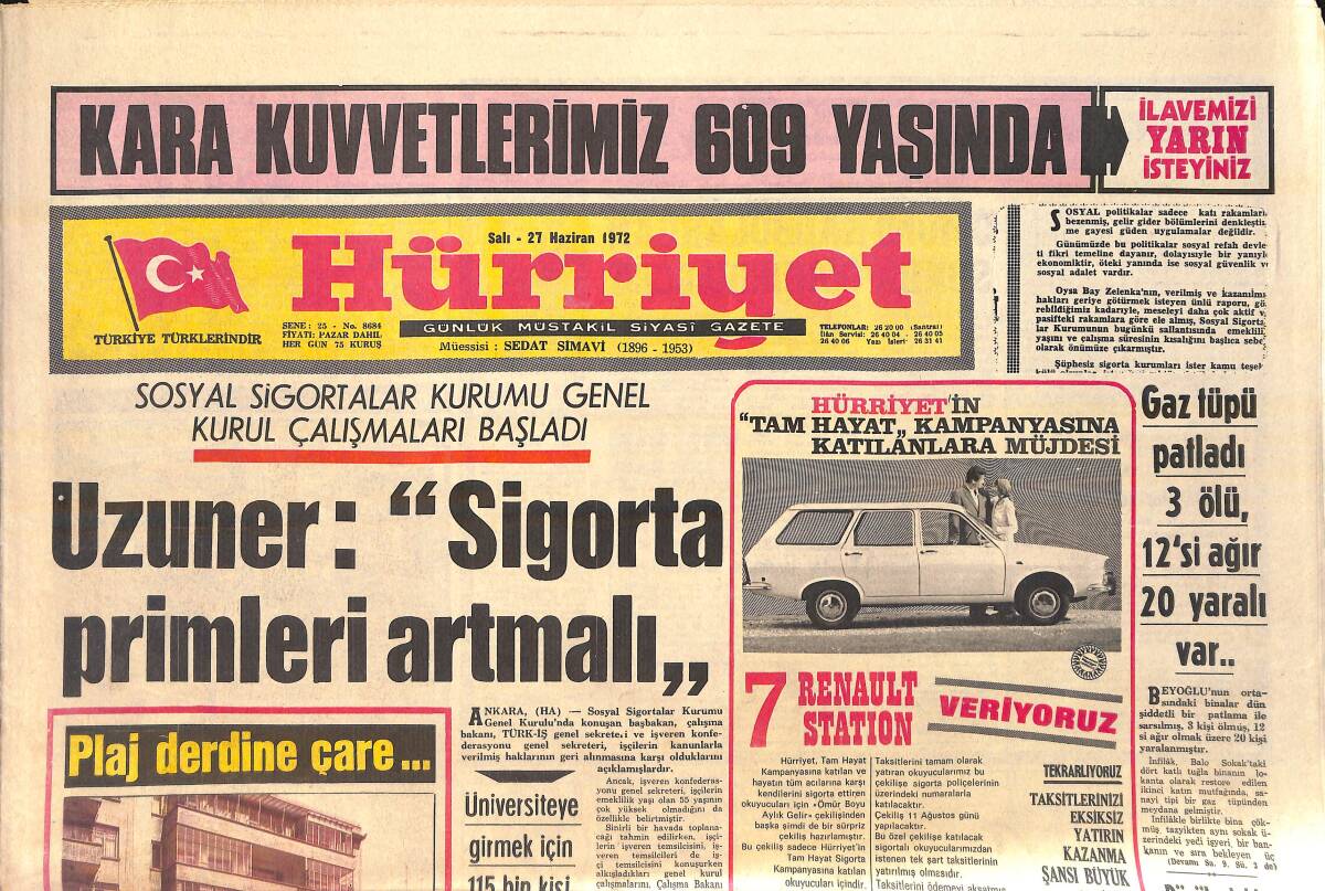 Hürriyet Gazetesi 27 Haziran 1972 - Söz Kesilen Genç Kız Ameliyatla Erkek Oldu - Uzuner: Sigorta Primleri Artmalı GZ156668 - 1
