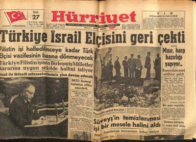 Hürriyet Gazetesi 27 Kasım 1956 - Türkiye İsrail Elçisini Geri Çekti GZ76780 - 1