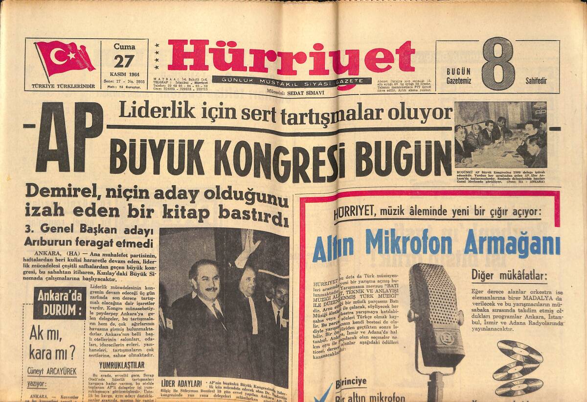 Hürriyet Gazetesi 27 Kasım 1964 - Lübnan'a 350 Liraya İnsan Kaçıran Şebeke Aranıyor - AP Büyük Kongresi Bugün GZ146987 - 1