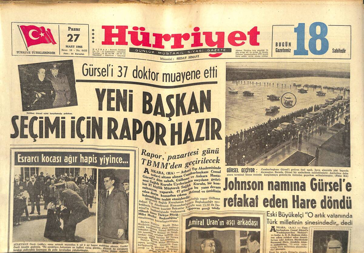 Hürriyet Gazetesi 27 Mart 1966 - Cavidan Dora İçin Kabuslu Günler Bitti - Johnson Namına Gürsel'e Refakat Eden Hare Döndü GZ142373 - 1