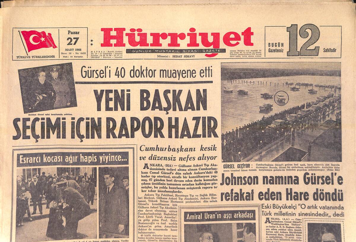Hürriyet Gazetesi 27 Mart 1966 - Johnson Namına Gürsel'e Refakat Eden Hare Döndü - Cavidan Dora İçin Kabuslu Günler Bitti GZ156866 - 1