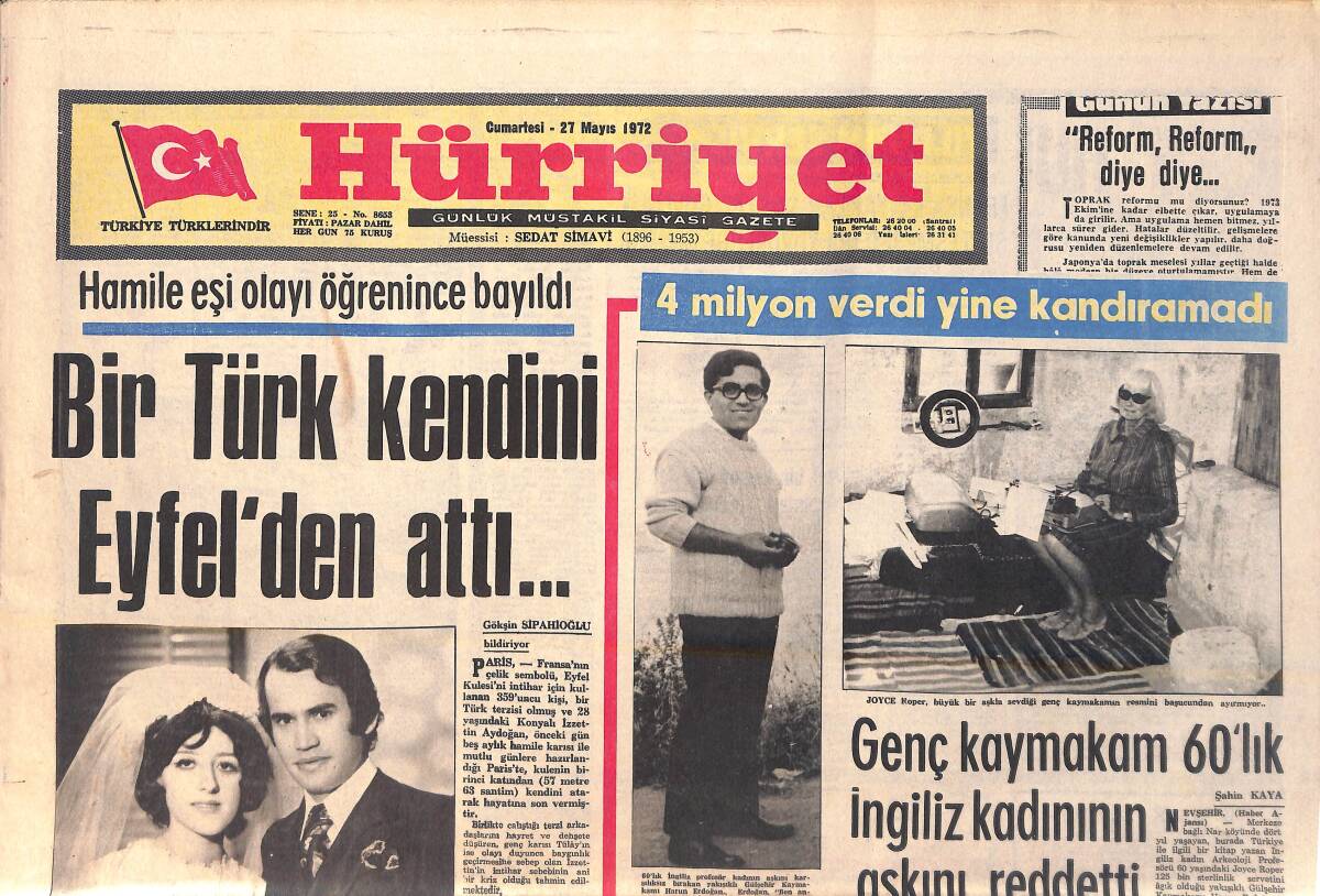 Hürriyet Gazetesi 27 Mayıs 1972 - Konyalı İzzet Erdoğan, Kendini Eyfel Kulesinden Attı - Dayakçı Kocaya Ceza Olarak Karısına 20 Kat Elbise Dikecek GZ157011 - 1