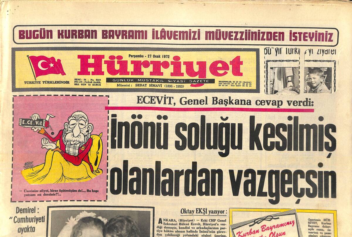 Hürriyet Gazetesi 27 Ocak 1972 - Kamacı, Sandalı Hakladı - Ecevit, Genel Başkana Cevap Verdi: İnönü Soluğu Kesilmiş Olanlardan Vazgeçsin GZ156959 - 1