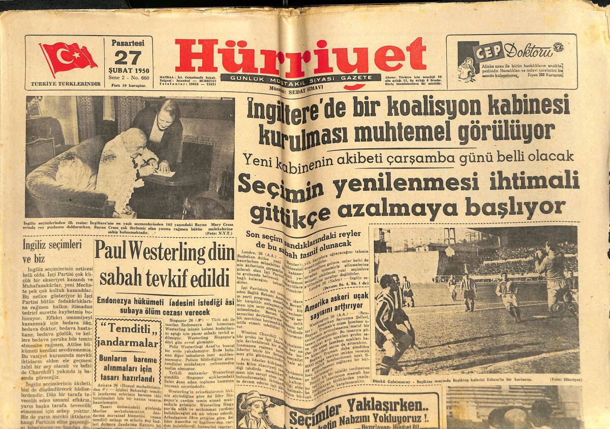 Hürriyet Gazetesi 27 Şubat 1950 - Galatasaray Beşiktaş'ı Dün 2-1 Mağlup Etti - Soprano Florence Kirk Ankara'da GZ142357 - 1
