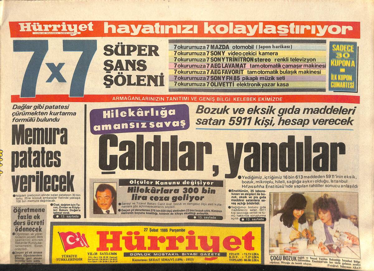 Hürriyet Gazetesi 27 Şubat 1986 - Ünlü Şarkıcının Son Çılgınlığı: Çıplak Madonna - Tahsin Kaya: Fenerbahçe'nin Tüm Yükünü Çekeceğim GZ154662 - 1