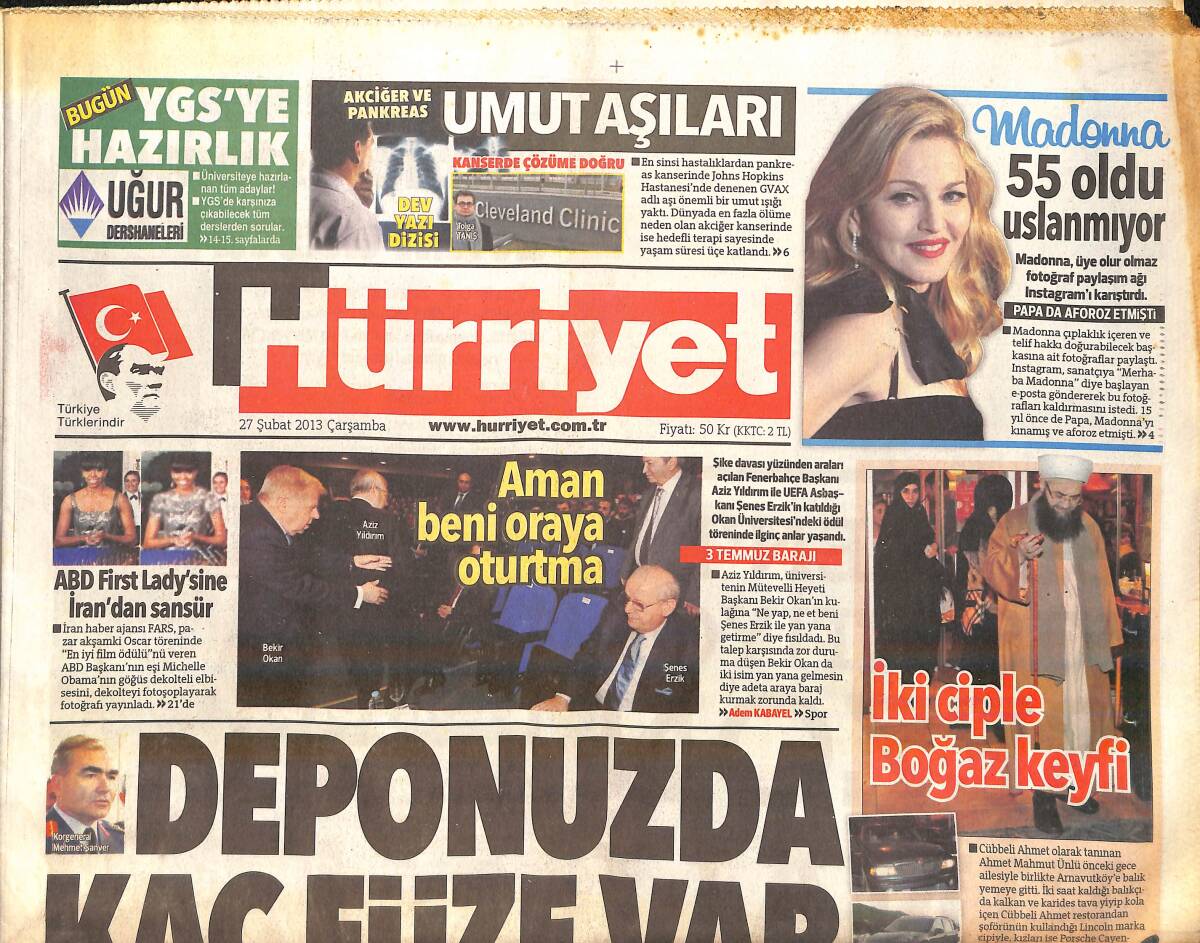 Hürriyet Gazetesi 27 Şubat 2013 - Madonna 55 Oldu Uslanmıyor - Öcalan'dan Dışarı Çıkın Talimatı GZ160159 - 1