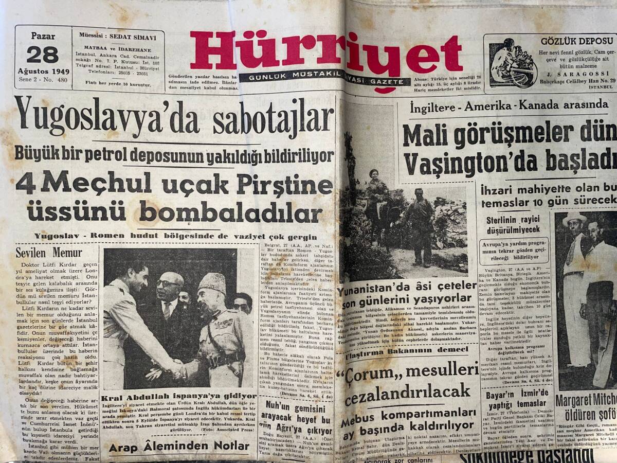 Hürriyet Gazetesi 28 Ağustos 1949 - Yugoslavya'da Sabotajlar - Margaret Mitchell'i Öldüren Şoför - Ava Gardiner'in Hayatı GZ142343 - 1