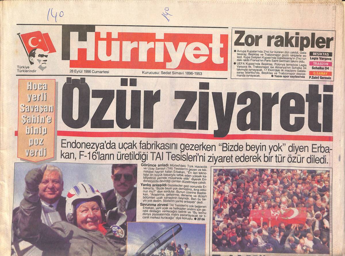 Hürriyet Gazetesi 28 Eylül 1996 - Zeki Müren'i 100 Bin Kişi Uğurladı, Ajda Perişan Oldu - Milli Erkek İbo GZ2998 - 1