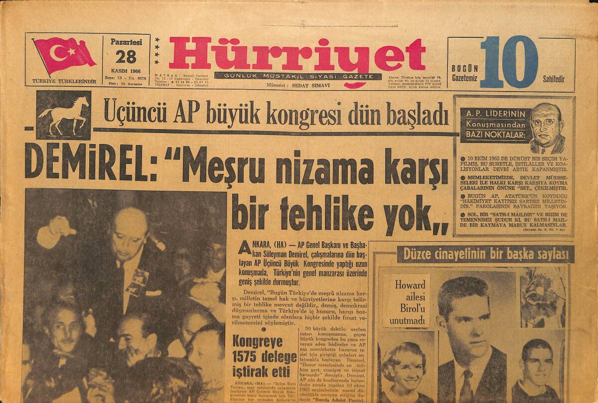 Hürriyet Gazetesi 28 Kasım 1966 - Mansfield'in Oğlunu Arslan Ağır Yaraladı - Üçüncü AP Büyük Kongresi Dün Başladı GZ157738 - 1