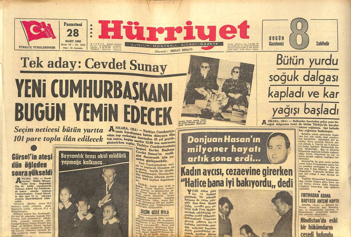 Hürriyet Gazetesi 28 Mart 1966 - Yunan Kralının Önünde Sağcı Ve Solcular Boğuştu - Yeni Cumhurbaşkanı Bugün Yemin Edecek GZ142374 - 1