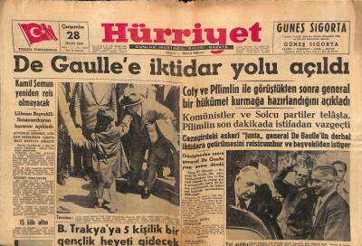 Hürriyet Gazetesi 28 Mayıs 1958 - De Gaullee İktidar Yolu Açıldı GZ82996 - 1