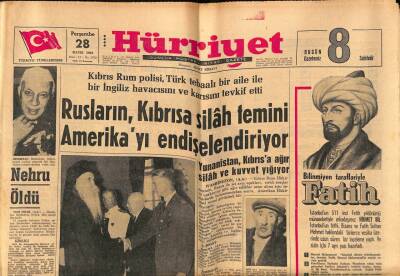 Hürriyet Gazetesi 28 Mayıs 1964 - Hindistan Başbakanı Nehru Öldü GZ76365 - 1