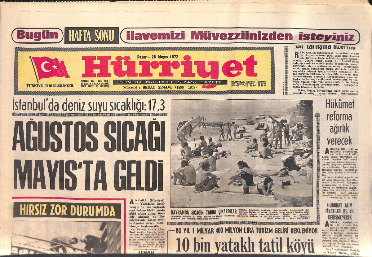 Hürriyet Gazetesi 28 Mayıs 1972 - Van'da Orta Şiddette Bir Deprem Oldu - Kraliçe Mehtap'ın 24 Saati - Türkiye'de İlk Defa 