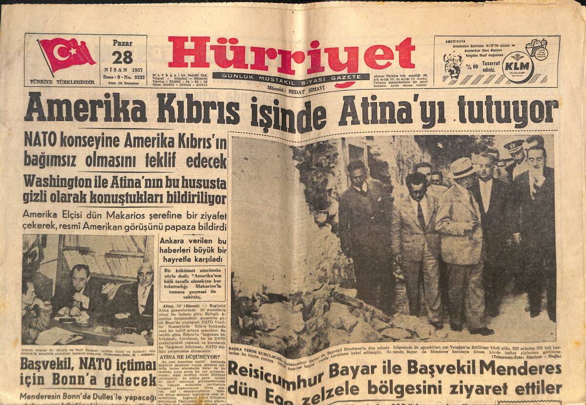 Hürriyet Gazetesi 28 Nisan 1957 - Amerika Kıbrıs İşinde Atina'yı Tutuyor! - Başvekil, NATO İçtiması İçin Bonn'a Gidecek GZ146463 - 1